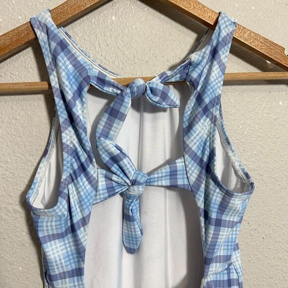Minnow Girls One Piece Swimsuit 11/12 Blue Plaid Double Bow - Picture 6 of 6